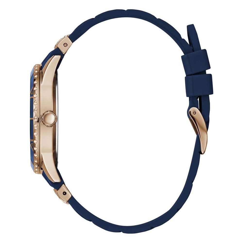 GUESS Rose Gold-Tone + Iconic Blue Stain Resistant Silicone Watch with Day, Date + 24 Hour Military/Int'l Time. Color: Blue (Model: U1157L3)