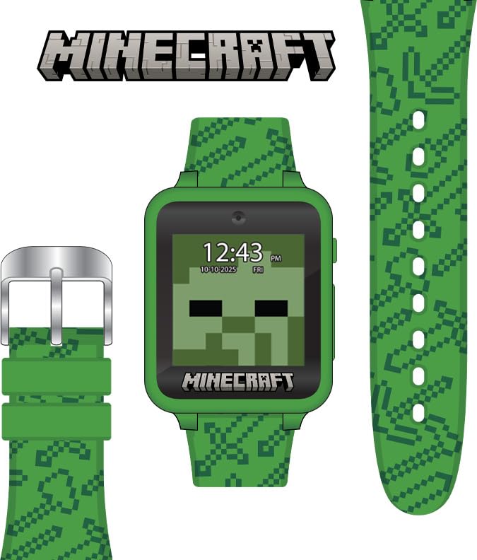 Minecraft Kids Smart Watch – Touchscreen Interactive Watch with 10 Customizable Clock Faces, Built-in Camera, Video Recorder, Alarm, Calculator, Games & Pedometer – Fits Wrists 5.5" to 8"