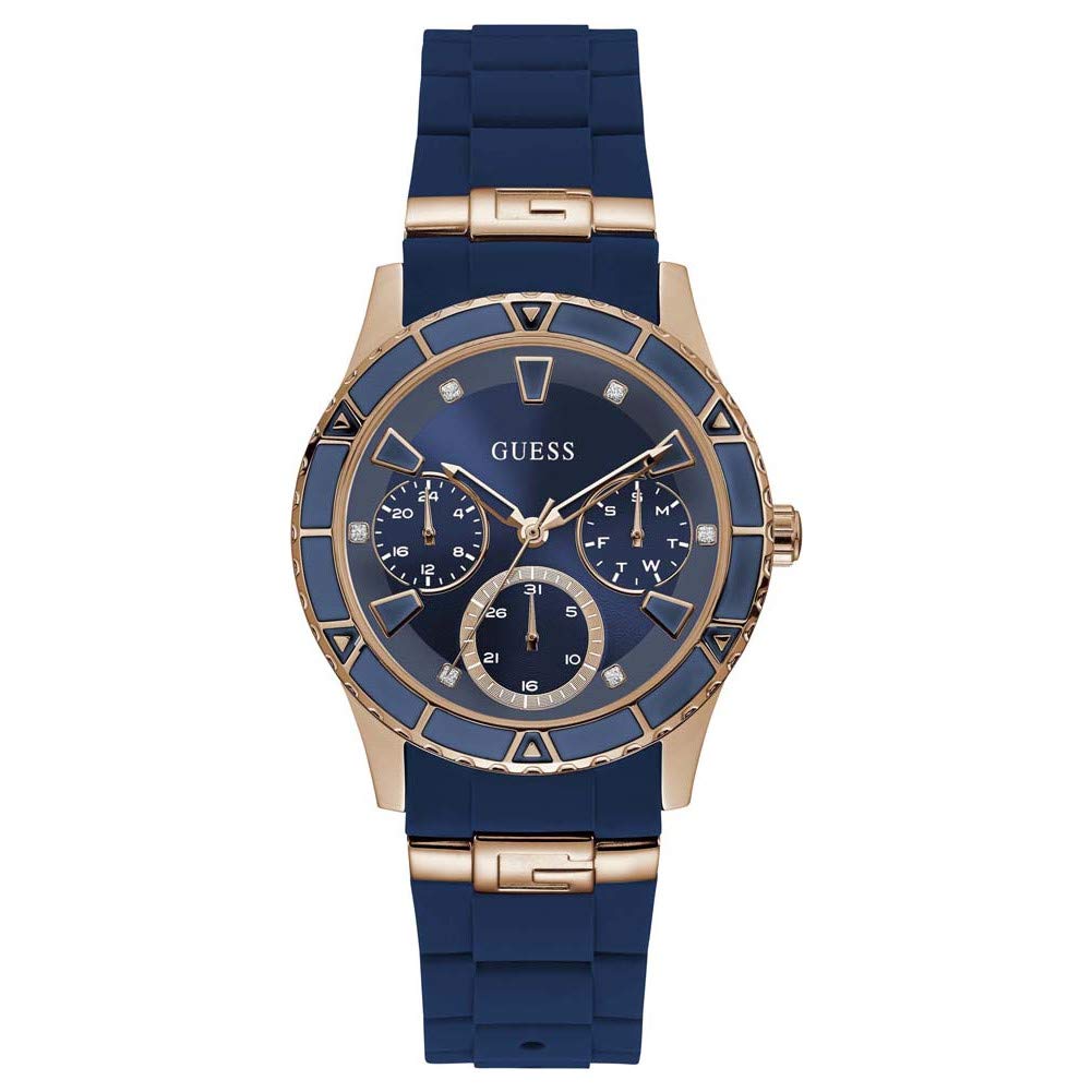 GUESS Rose Gold-Tone + Iconic Blue Stain Resistant Silicone Watch with Day, Date + 24 Hour Military/Int'l Time. Color: Blue (Model: U1157L3)