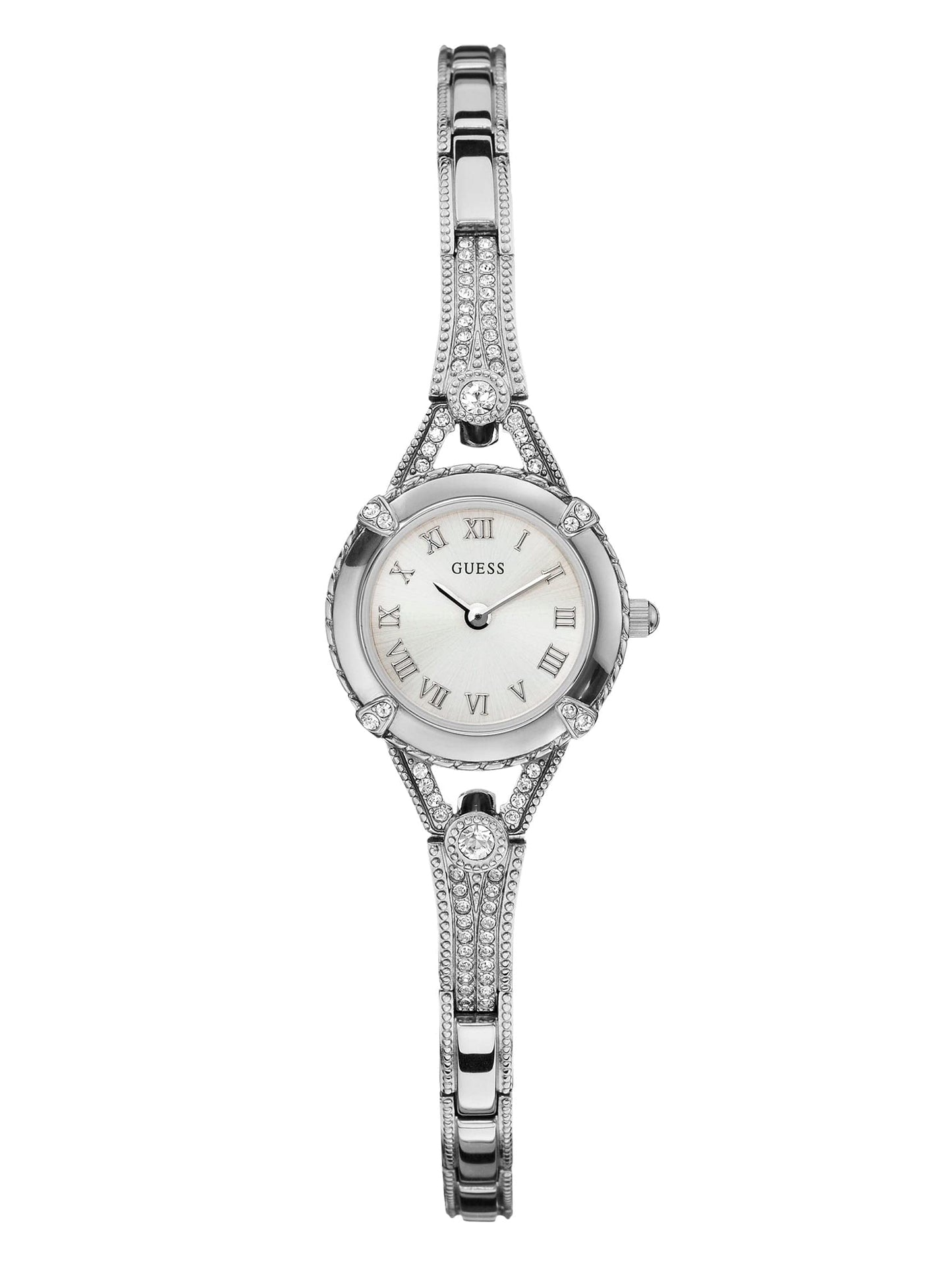 GUESS Petite Silver-Tone Crystal Bracelet Watch with Self-Adjustable Links. Color: Silver-Tone (Model: U0135L1)