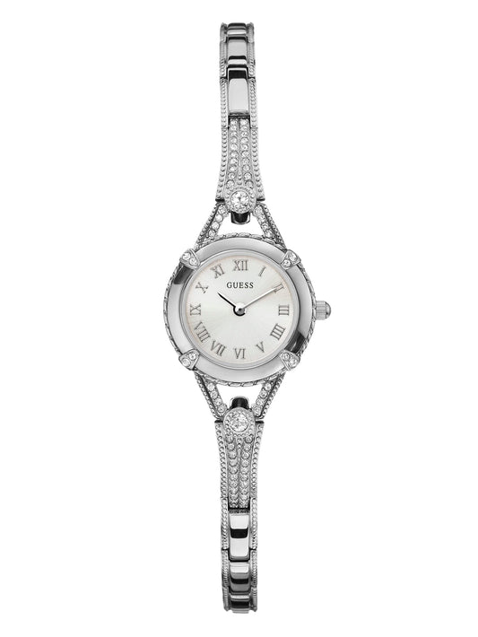 GUESS Petite Silver-Tone Crystal Bracelet Watch with Self-Adjustable Links. Color: Silver-Tone (Model: U0135L1)