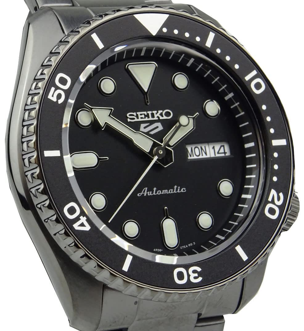SEIKO SRPD65 Automatic Watch for Men - 5 Sports - Black Dial, Day/Date Calendar, LumiBrite Hands and Markers, and Rotating Bezel, 100m Water-Resistant
