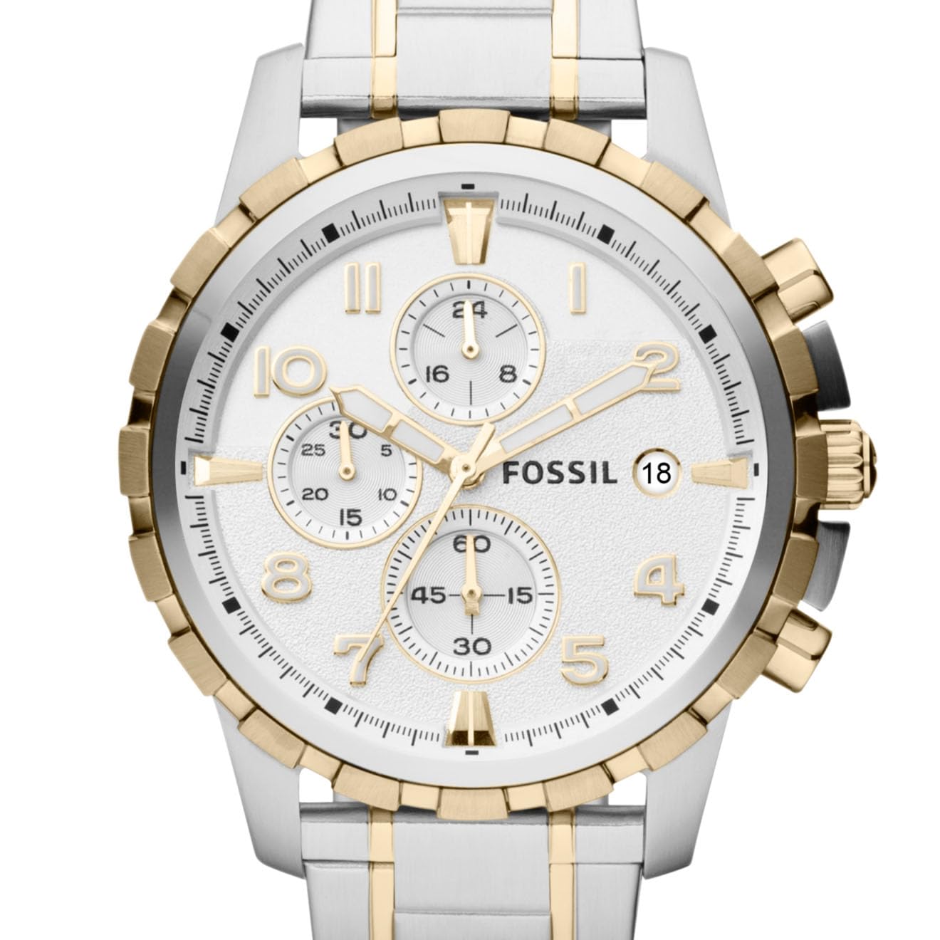 Fossil Watches For Men, Dean Quartz Stainless Steel Chronograph Watch, 44MM, Big Face Gold/Silver, Model FS4795IE