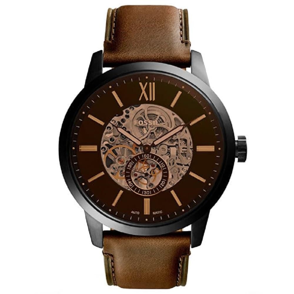 Fossil Men's Townsman 44mm Automatic Watches for Men, Skeleton Watch, Stainless Steel and Leather, Color: Black, Dark Brown (Model ME3155)