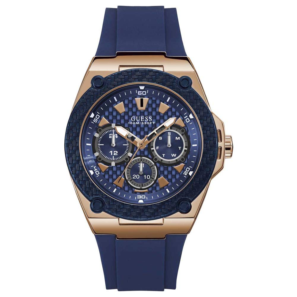 GUESS Comfortable Iconic Blue Stain Resistant Watch with Rose Gold-Tone Day, Date + 24 Hour Military/Int'l Time. Color: Blue (Model: U1049G2)