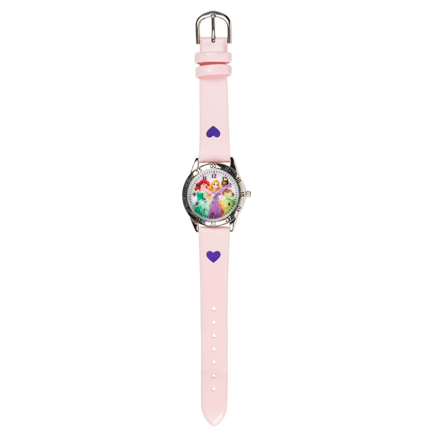 Disney Princess Time Teacher Kids Watch - Easy Read Analog Watch with Minute Track, Princess Characters on Silver Sunray Dial, Colorful Printed Strap, Perfect for Learning to Tell Time, Ages 3+
