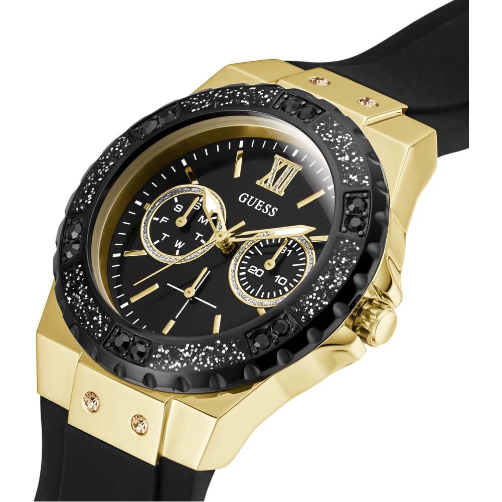 GUESS Gold-Tone Stainless Steel + Black Stain Resistant Watch with Day + Date Functions. Color: Black (Model: U1053L7)