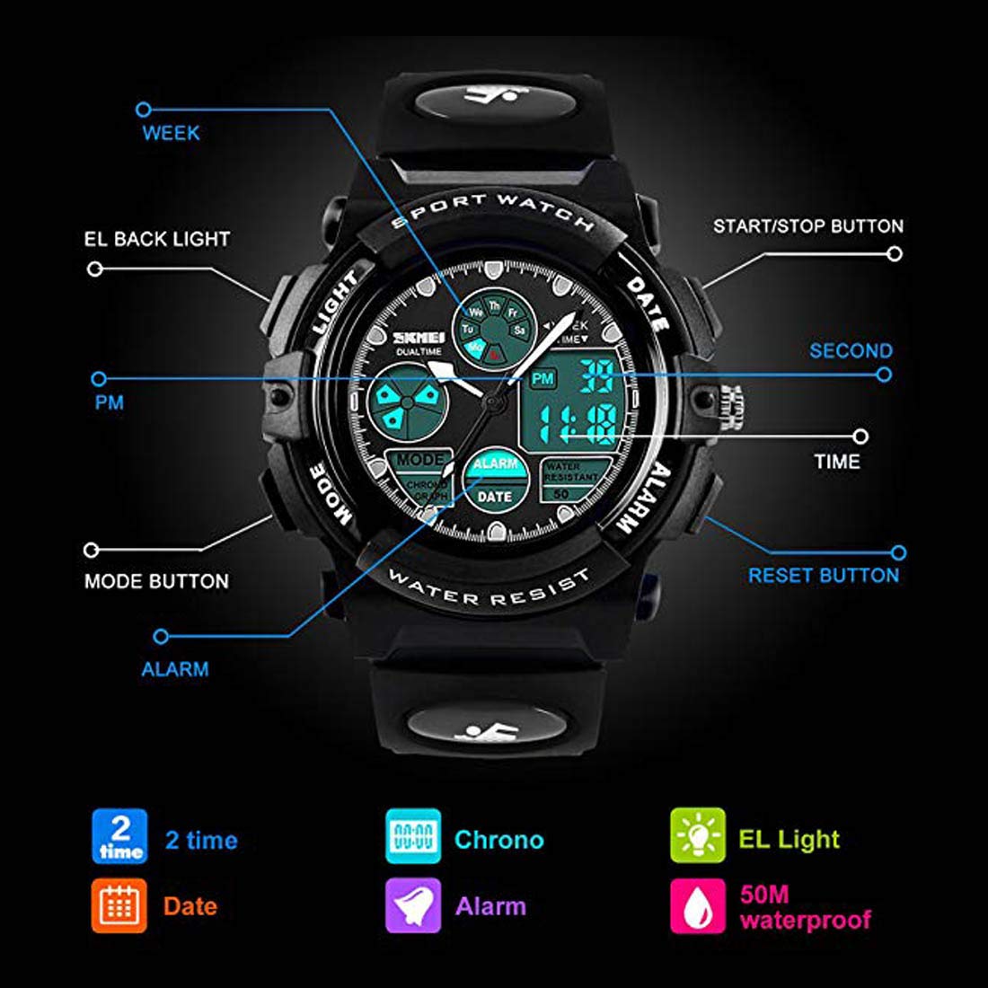 Cofuo Black Watch for Kids Boys 5-16 Years Old, Digital Sports Waterproof Watch for s, Birthday Presents, Outdoor Activities