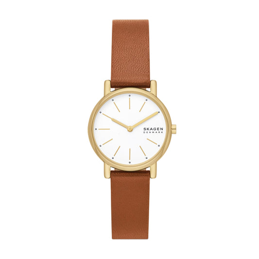Skagen Women's Signatur Lille Two-Hand Gold Stainless Steel and Brown Leather Band Watch (Model: SKW3121)