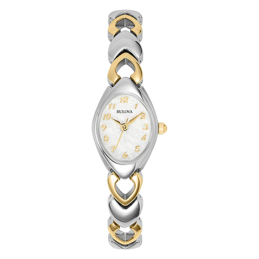 Bulova Ladies' Classic Two-Tone Stainless Steel 3-Hand Quartz, White Patterned Dial Style: 98V02