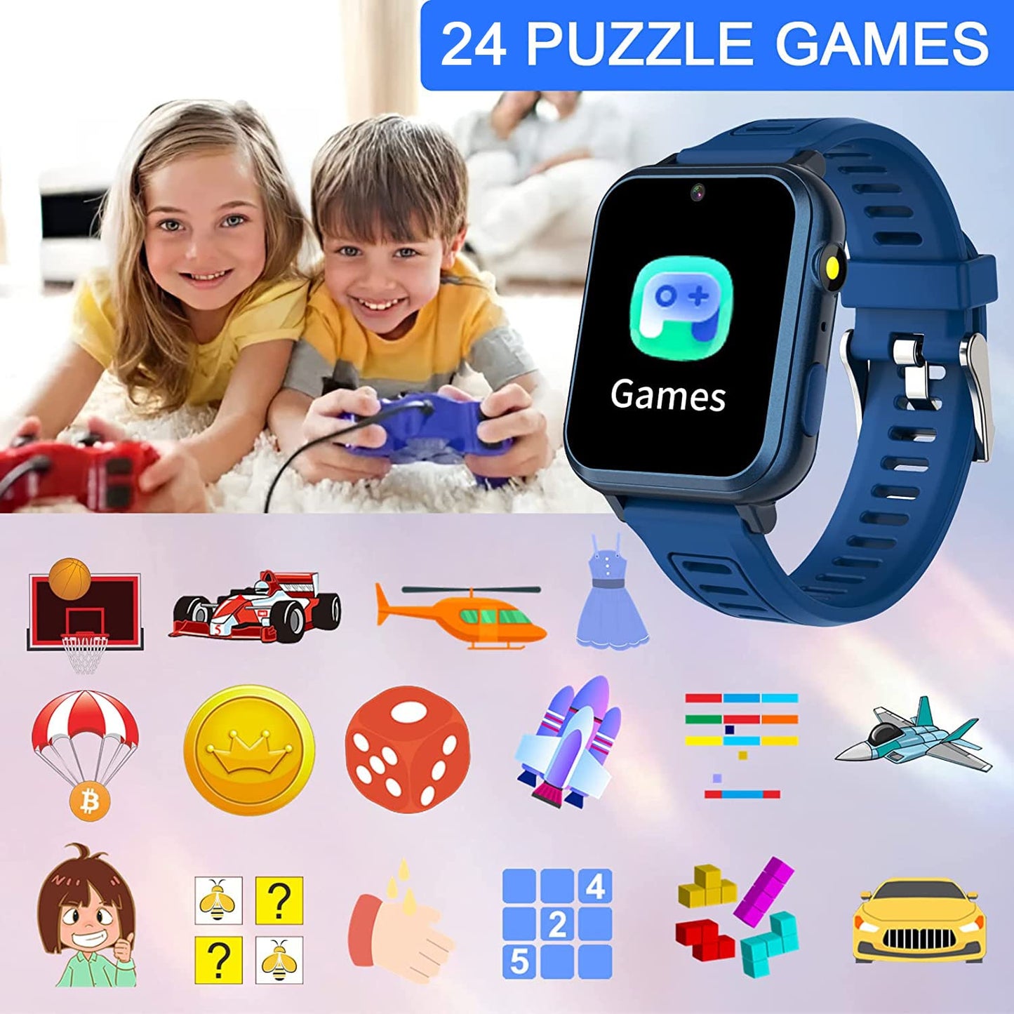Smart Watch for Kids Age 3-12, Kids Smart Watch Boys with 24 Games HD Touch Screen Pedometer Camera Music Player Alarm Clock Flashlight 12/24 hr Toys for 6 7 8 9 10 Year Old Boy Birthday Gift