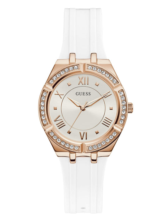 GUESS Rose Gold-Tone + Crystal White Silicone Watch, Rose Gold-Tone/White