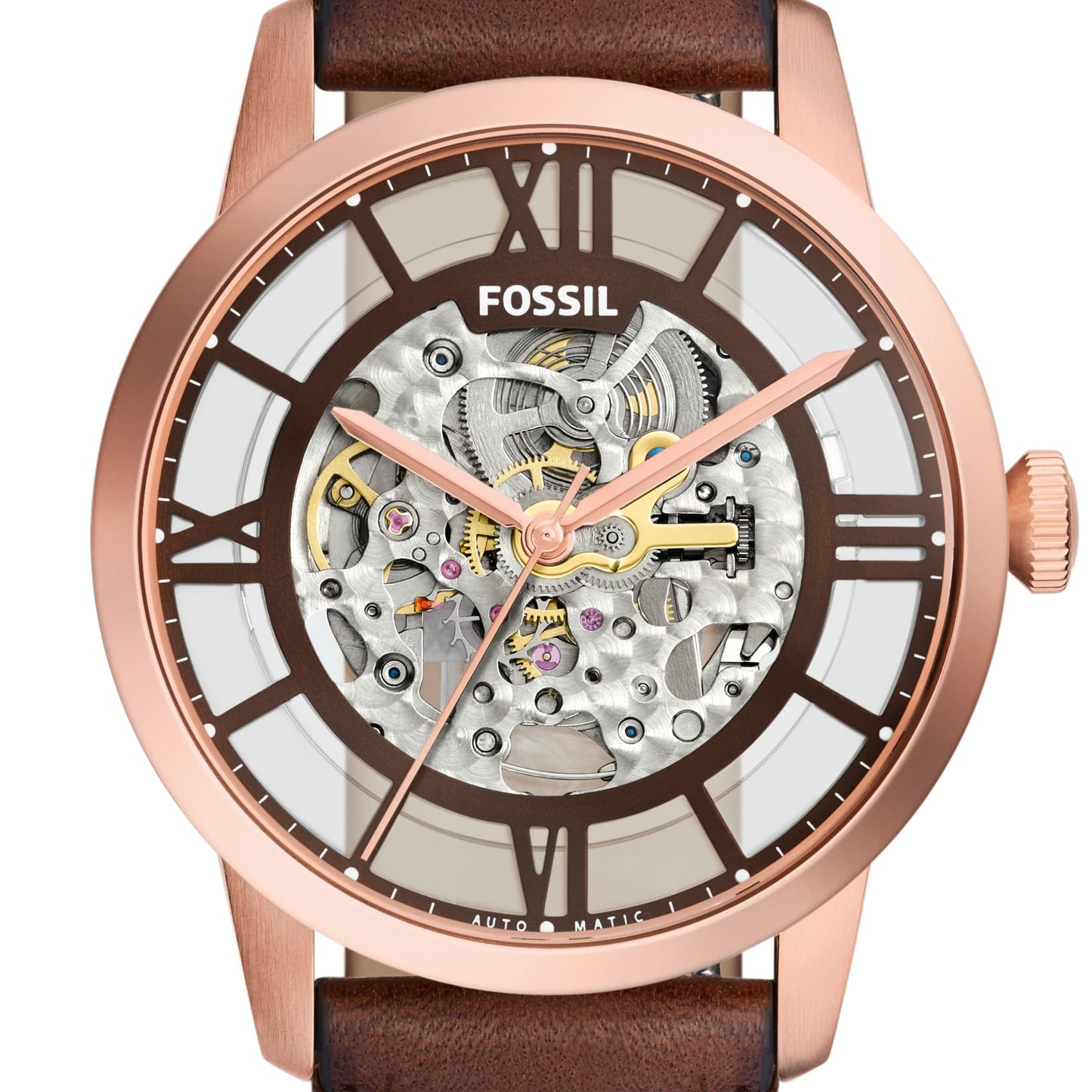 Fossil Men's Townsman 44mm Automatic Skeleton Watch, Rose Gold Stainless Steel Case with Brown Leather Strap, Color: Rose Gold/Chocolate (Model ME3259)