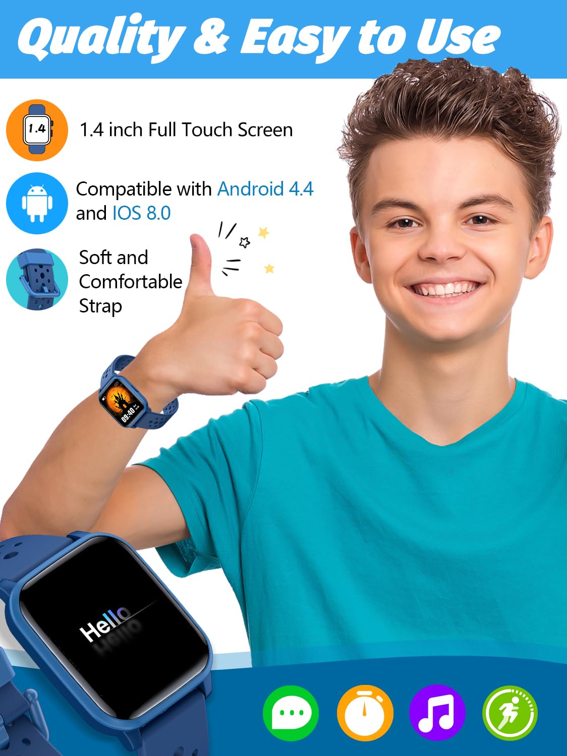 Butele Kids Smart Watch, Smart Watch for Kids 4-16 Years Old with Sleep Mode, 19 Sports Mode, Pedometer, Birthday Gift for Boys Girls, Blue