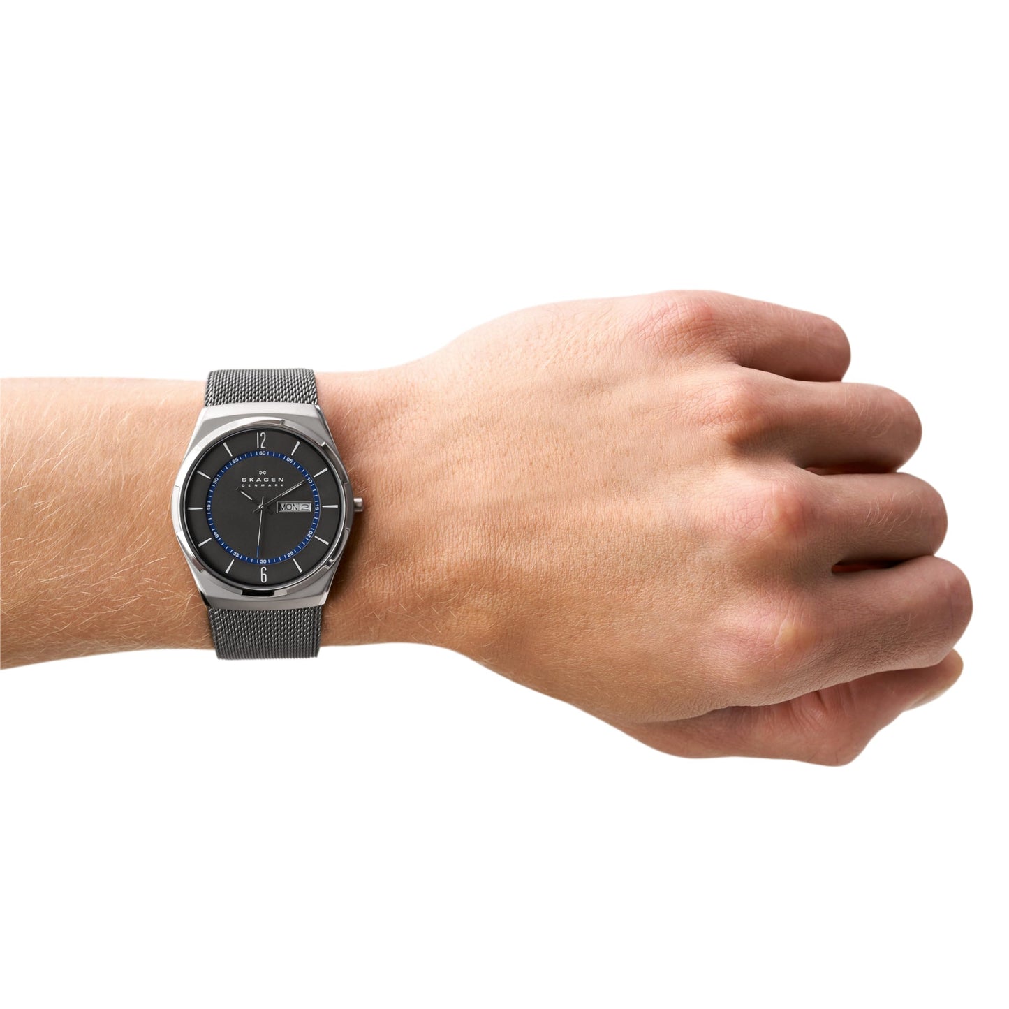 Skagen Men's Melbye Three-Hand Day Date Silver and Gray Titanium Mesh Band Watch (Model: SKW6078)