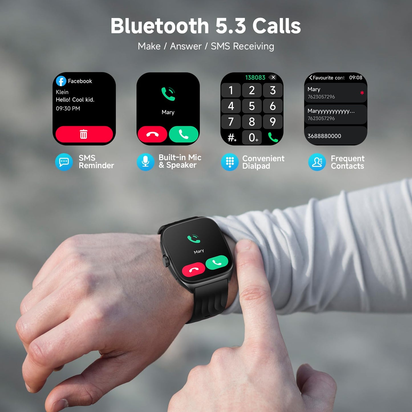 SOUYIE Smart Watch with SOS, 1.85" AMOLED Display Fitness Tracker, Heart Rate Blood Oxygen Sleep Monitor for Men Women, IP68 Waterproof Sport Watch, Answer/Make Calls, Compatible with Android iPhone