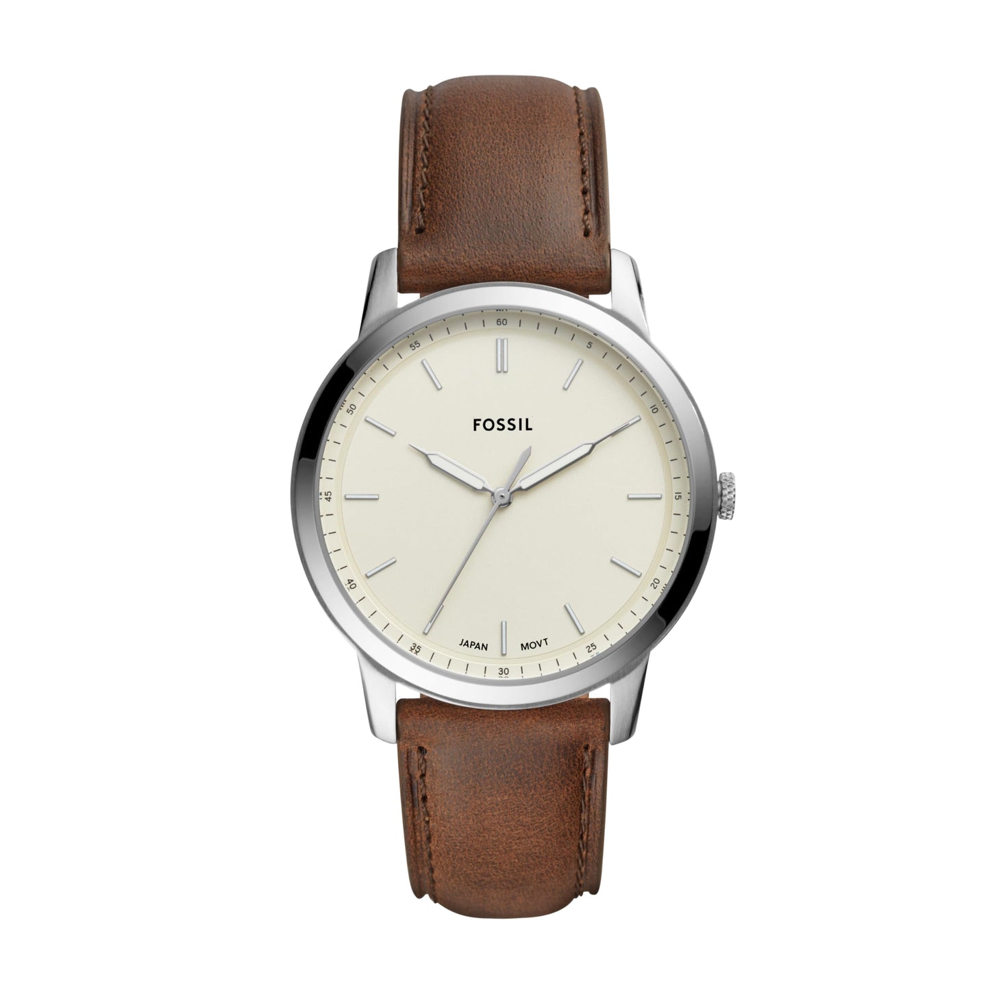 Fossil Men's Minimalist Quartz Stainless Steel and Leather Three-Hand Watch, Color: Silver, Brown (Model: FS5439)