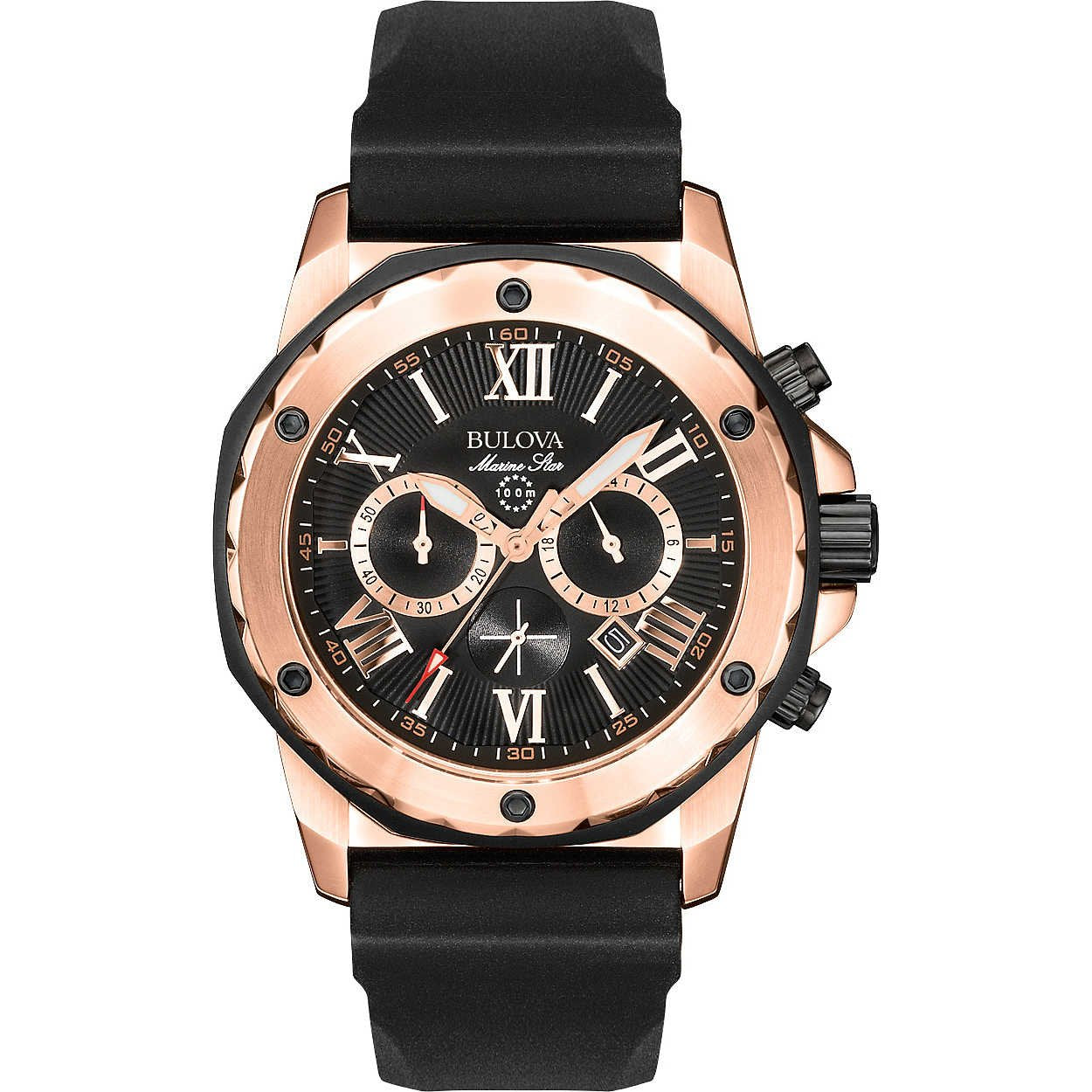 Bulova Men's Marine Star Series A Rose Gold Stainless Steel 6-Hand Chronograph Quartz Watch, Black Silicone Strap Style: 98B104