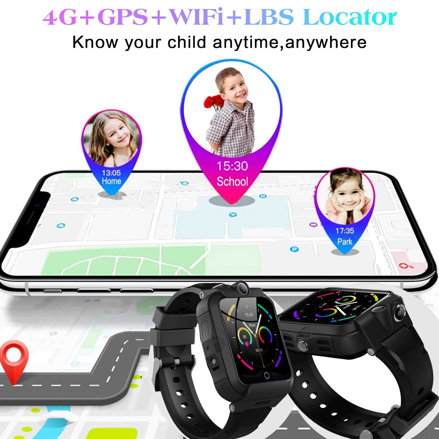 DDIOYIUR Kids Smart Watch, 4G GPS Tracker Child Phone Smartwatch with WiFi, SMS, Call, Voice Video Chat, Bluetooth, Alarm, Pedometer, Wrist Watch Suitable for 4-16 Boys Girls Birthday Gifts.