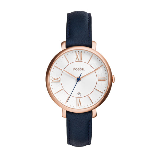 Fossil Women's Jacqueline Quartz Leather Watch, Blue Leather/Rose Gold, ES5166
