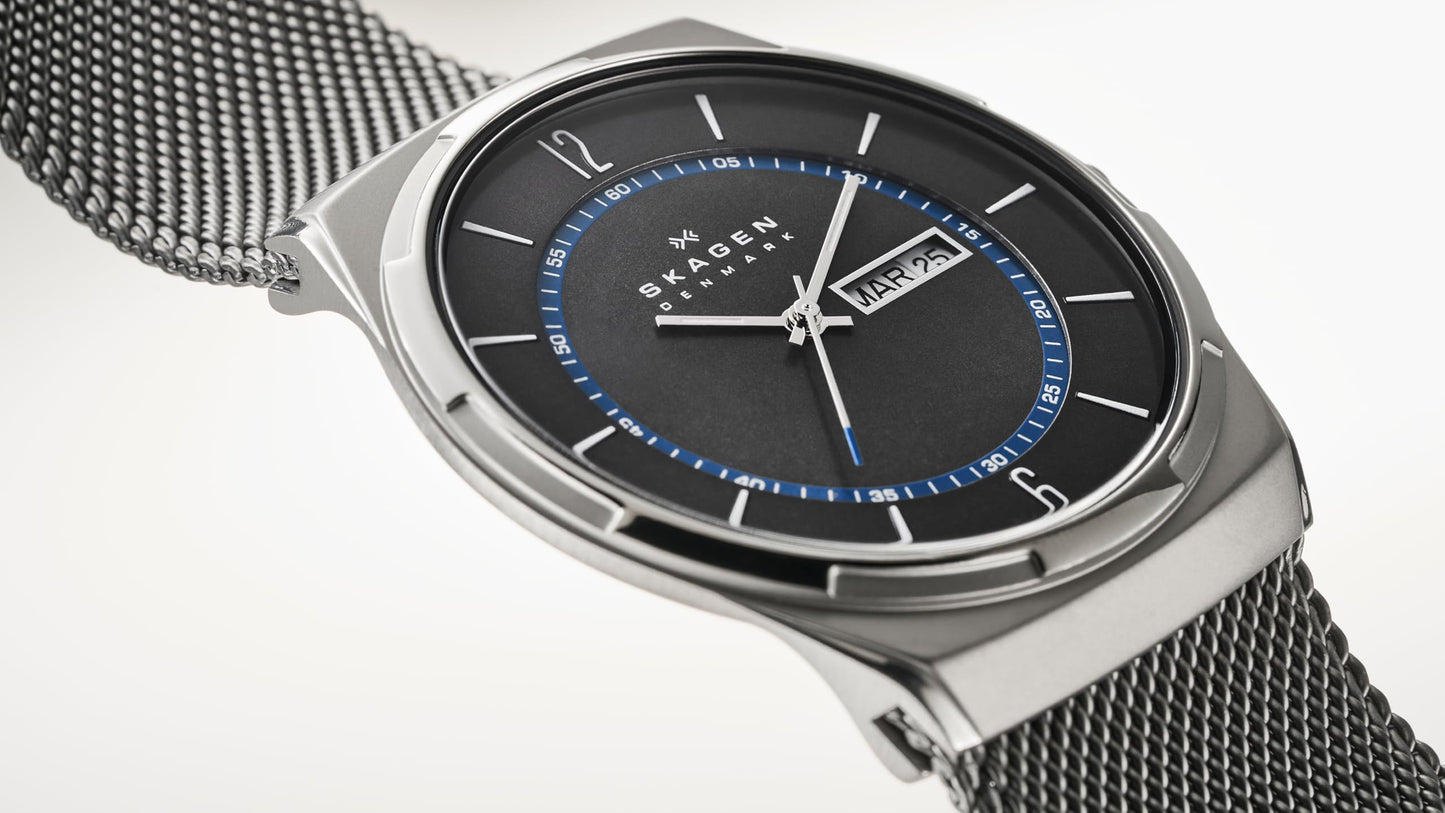Skagen Men's Melbye Three-Hand Day Date Silver and Gray Titanium Mesh Band Watch (Model: SKW6078)