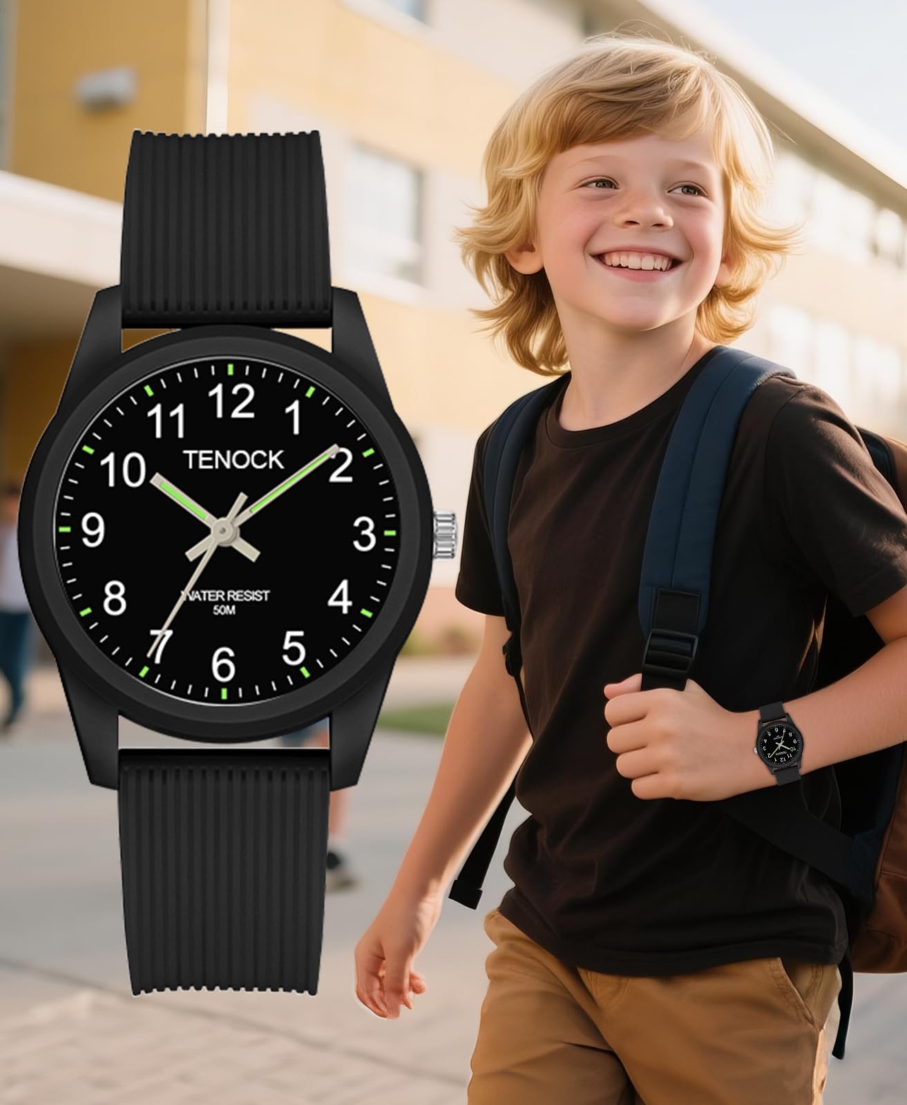 TENOCK Kids Analog Watch for Boys Girls Time Teaching 50M Waterproof Kids Watches Easy to Read for 4-12 Years-Black