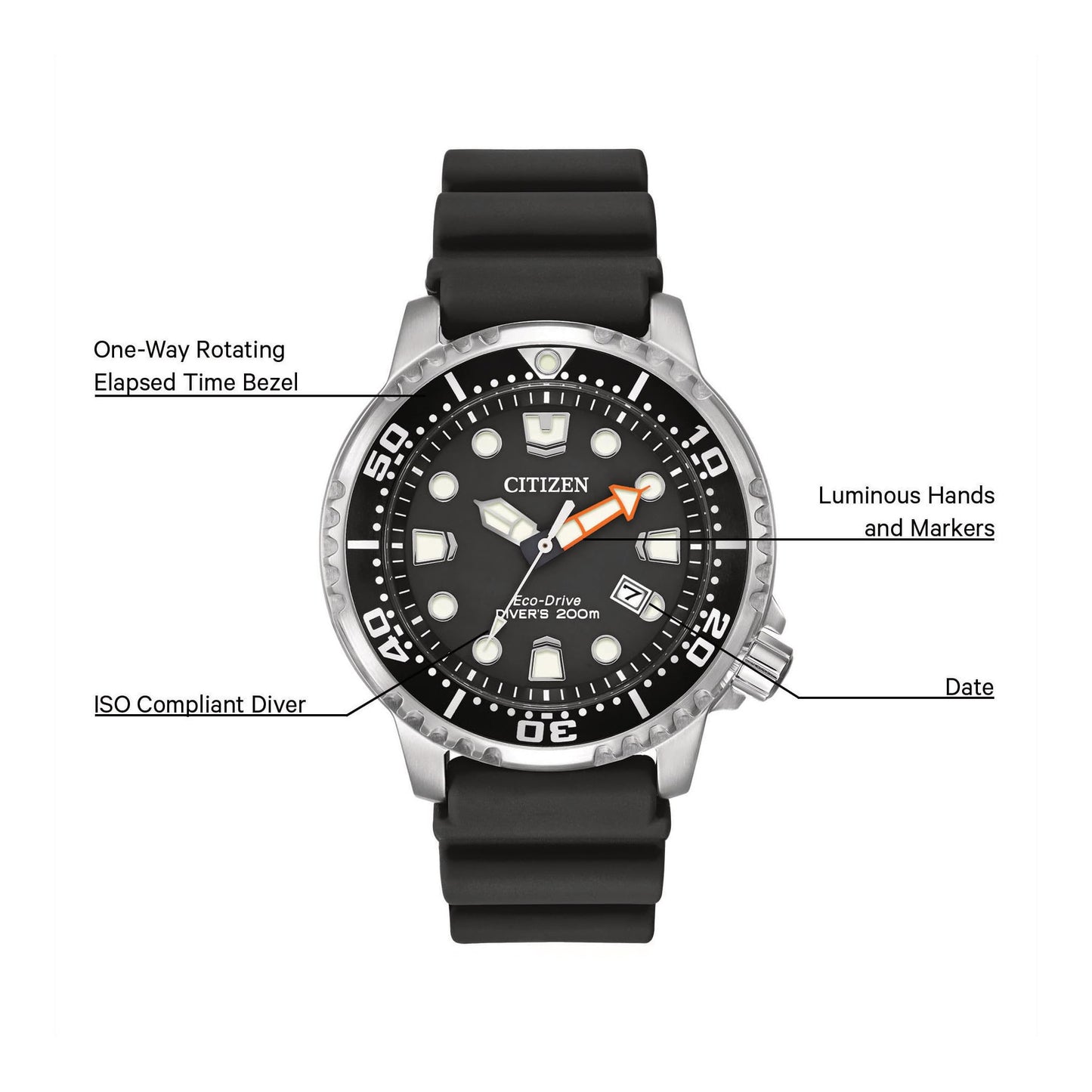Citizen Promaster Dive Eco-Drive Watch, 3-Hand Date, ISO Certified, Luminous Hands and Markers, Rotating Bezel, Black/Stainless (Model: BN0150-28E)
