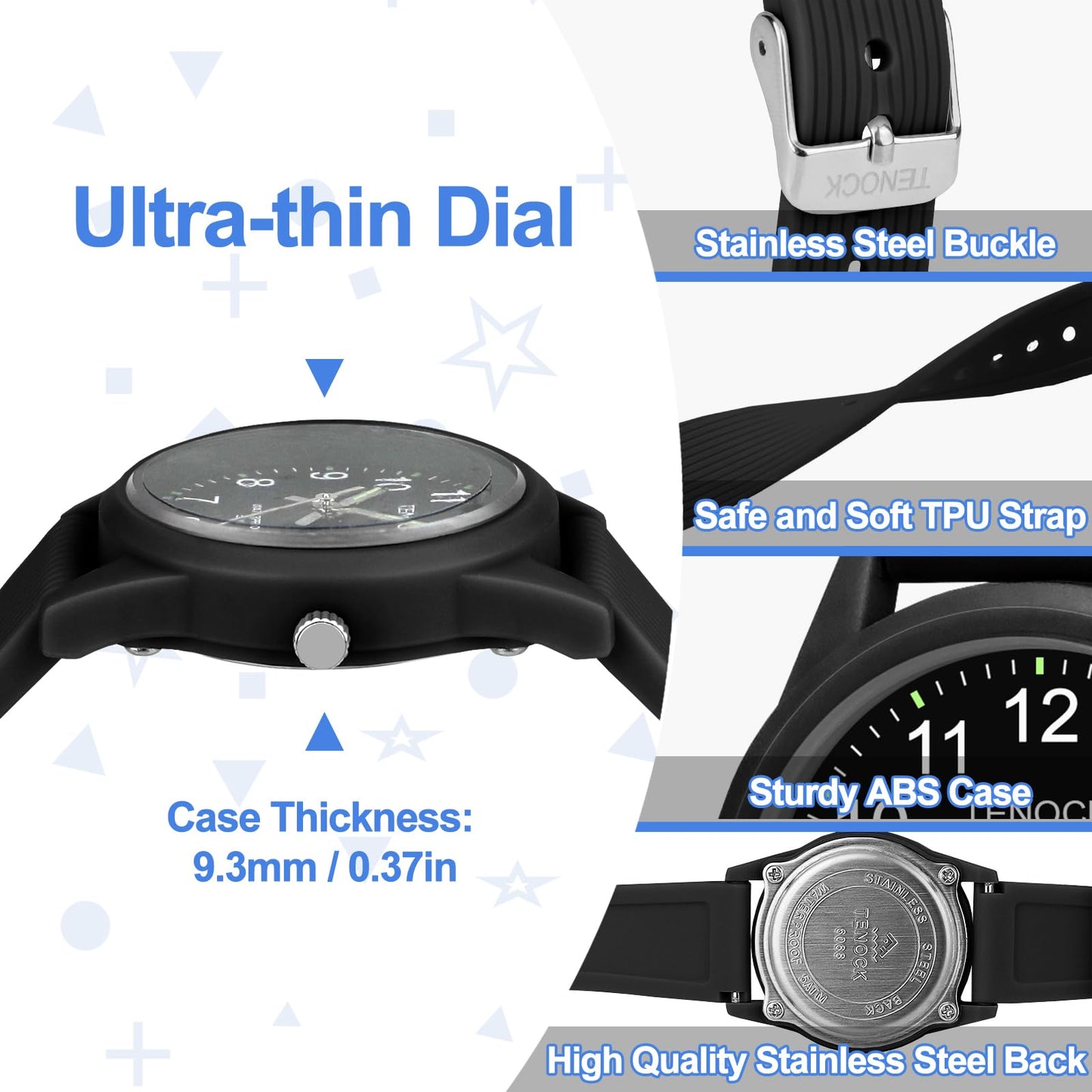 TENOCK Kids Analog Watch for Boys Girls Time Teaching 50M Waterproof Kids Watches Easy to Read for 4-12 Years-Black