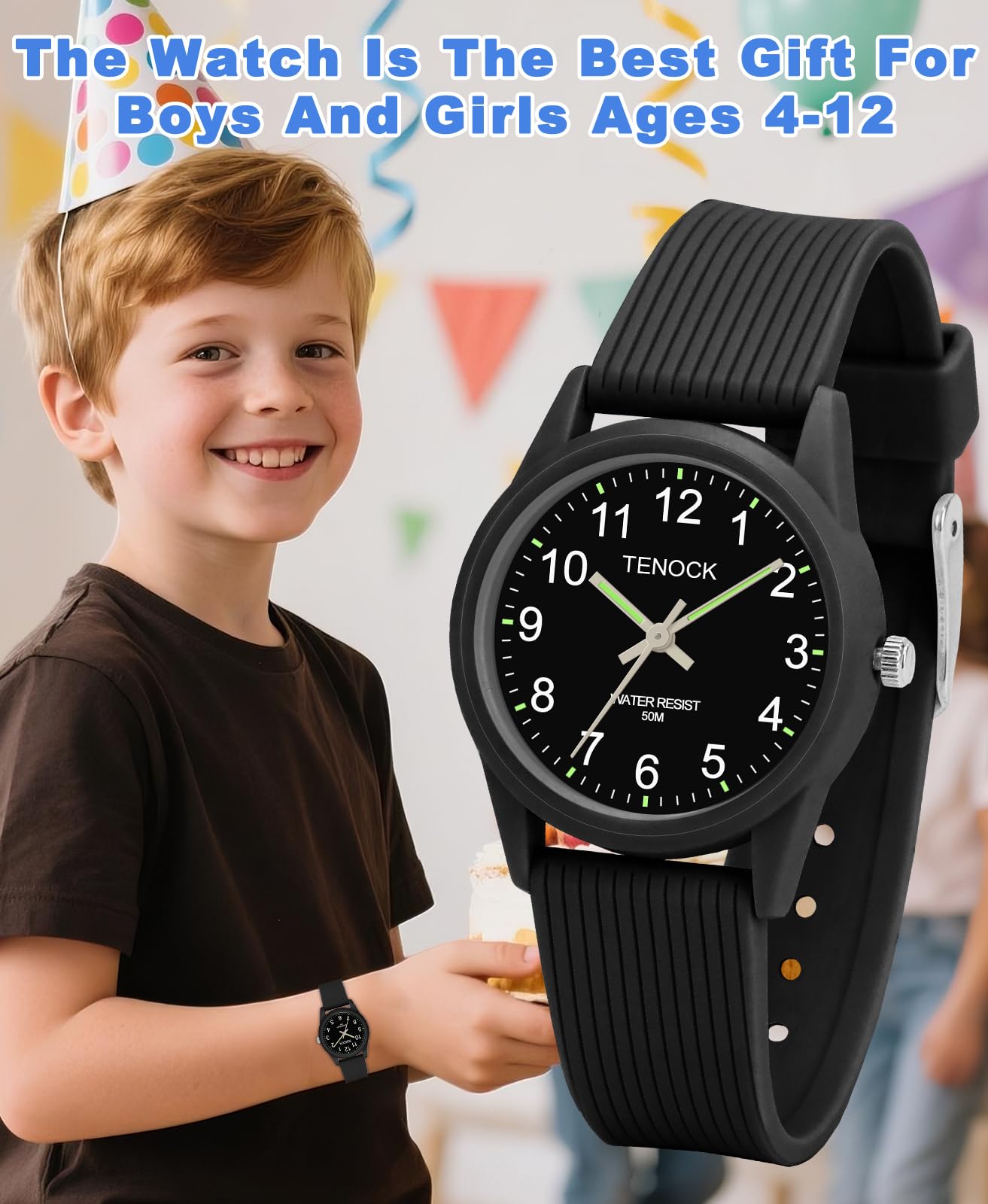 TENOCK Kids Analog Watch for Boys Girls Time Teaching 50M Waterproof Kids Watches Easy to Read for 4-12 Years-Black