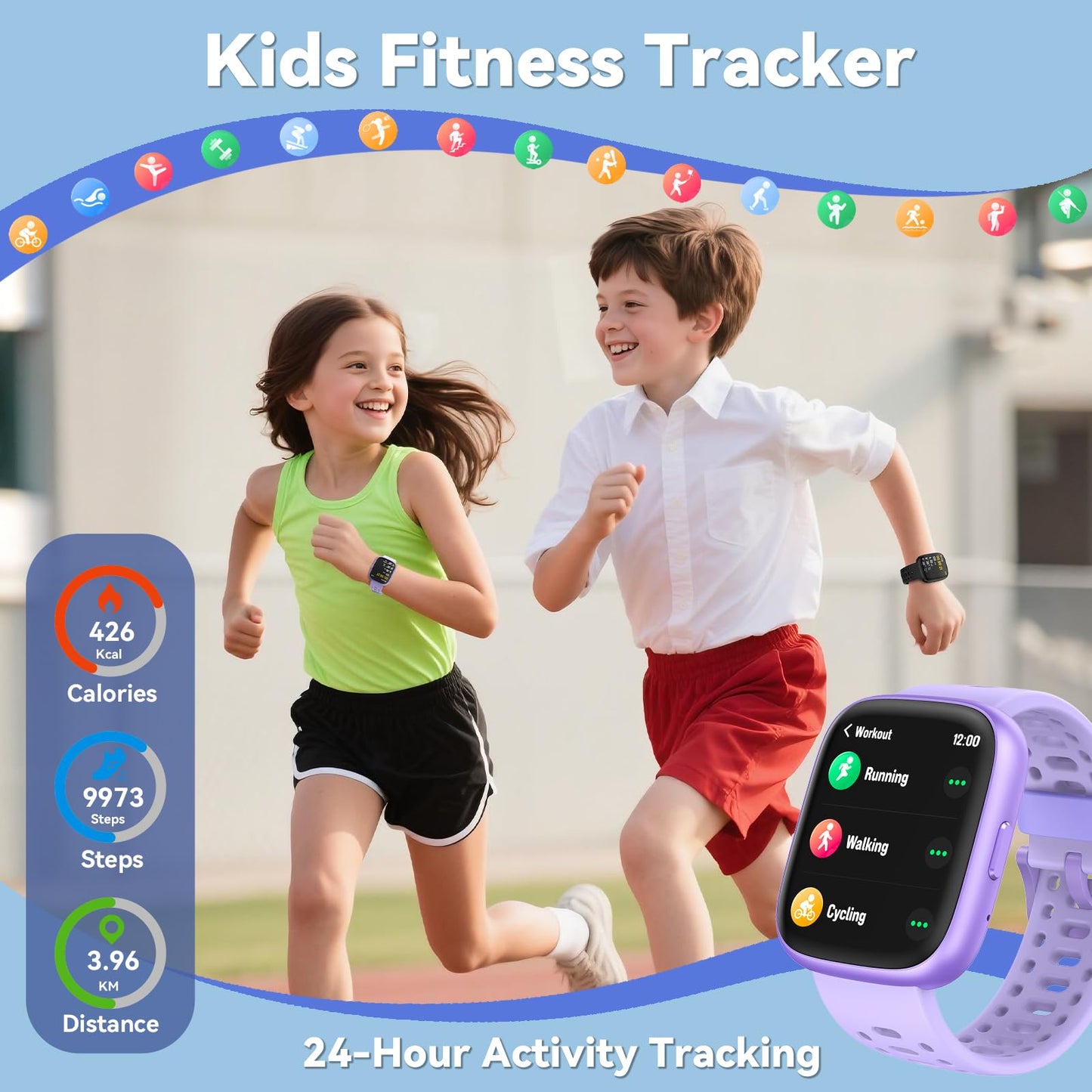 Fitness Tracker for Kids No APP No Phone Needed, Compatible with Apple Find My, 1.83" Smart Watch, Heart Rate, Sleep Monitor, IP68 Waterproof, Step Counter, Puzzle Games for Girls Boys Teens 5-16
