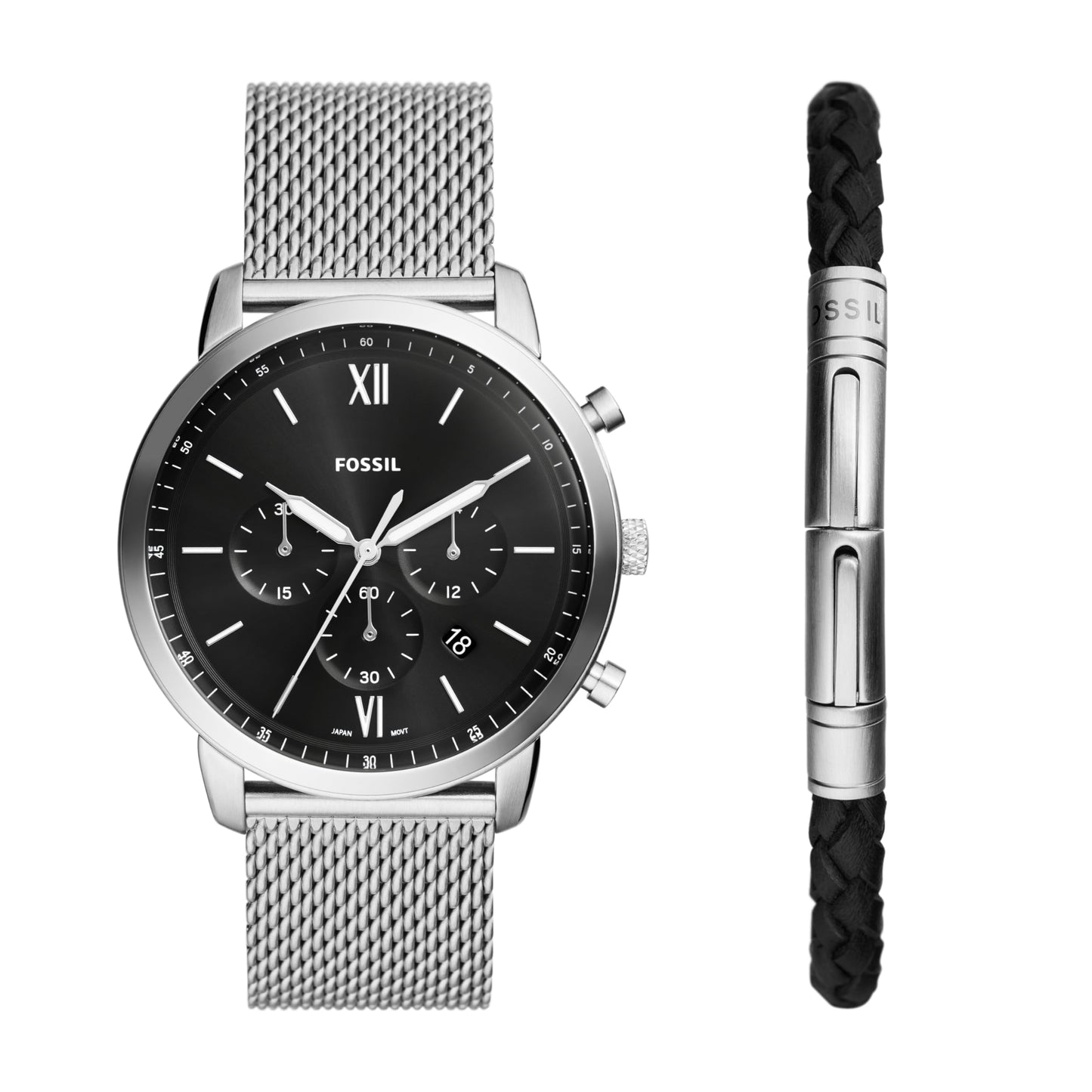 Fossil Men's Neutra Gift Set Quartz Stainless Steel Chronograph Watch with Silver Mesh Bracelet and Black Leather Bracelet, Analog Watches for Men, Color: Silver (Model: FS6020SET)