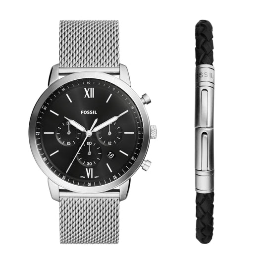 Fossil Men's Neutra Gift Set Quartz Stainless Steel Chronograph Watch with Silver Mesh Bracelet and Black Leather Bracelet, Analog Watches for Men, Color: Silver (Model: FS6020SET)