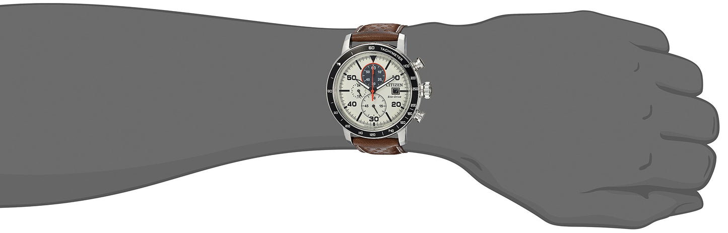 Citizen Men's Eco-Drive Weekender Brycen Chronograph Watch in Stainless Steel, Brown Leather strap, Ivory Dial (Model: CA0649-06X)
