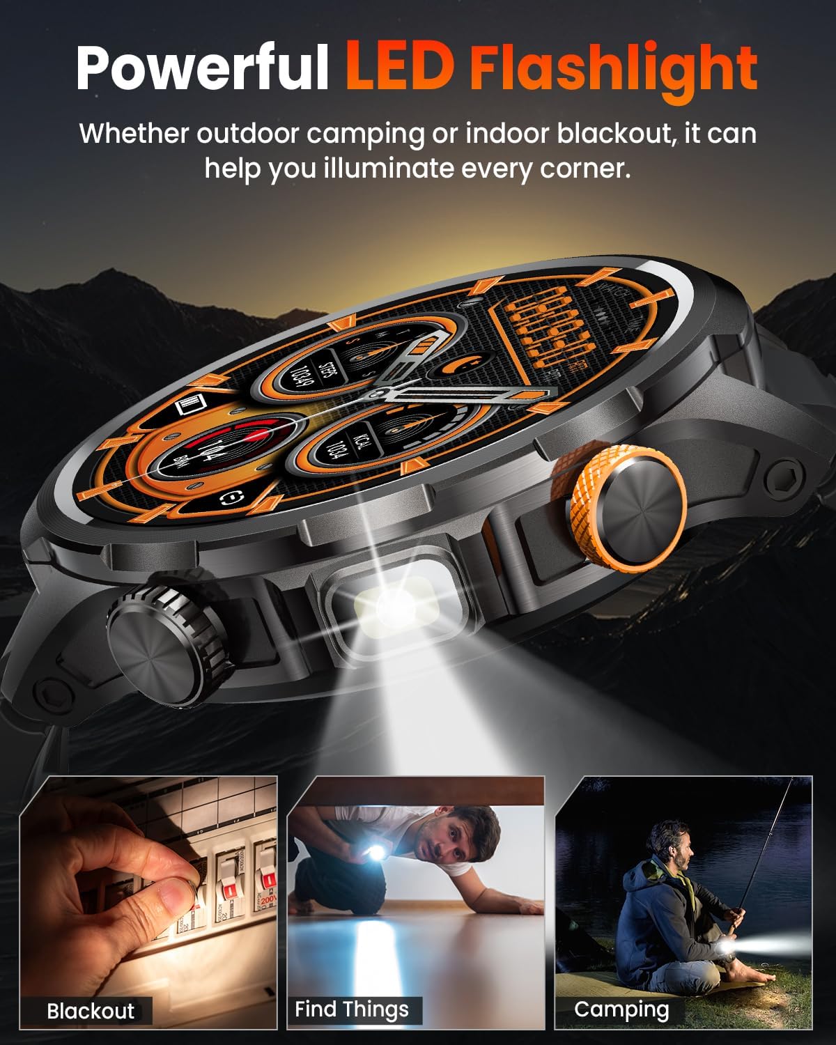 Smart Watches for Men, Military Smart Watch with 100 Days Battery/Flashlight/Heart Rate/Sleep/SpO2 Monitor/Call/110+ Sports Mode, 5 ATM Rugged Men's Fitness Tracker Watch for Android iPhone Compatible