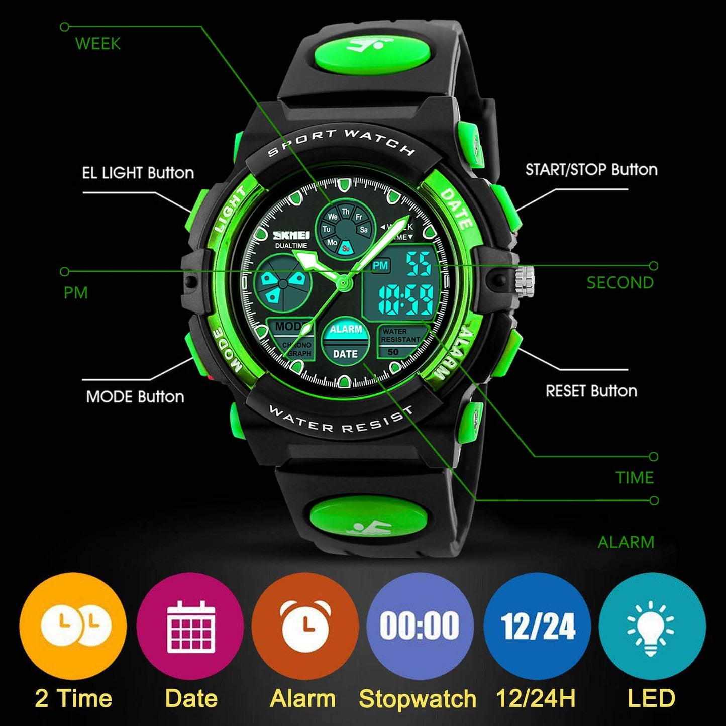 Boys Watches Ages 11-15 Waterproof, Kids Digital Sport Waterproof Watch for Kids Birthday Presents Green Gifts Toys Age 5-16 Teen Boys Girls Children Young Outdoor Electronic Watches Alarm Stopwatch