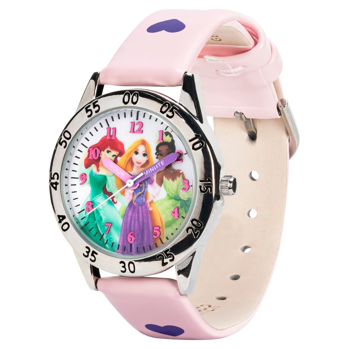 Disney Princess Time Teacher Kids Watch - Easy Read Analog Watch with Minute Track, Princess Characters on Silver Sunray Dial, Colorful Printed Strap, Perfect for Learning to Tell Time, Ages 3+