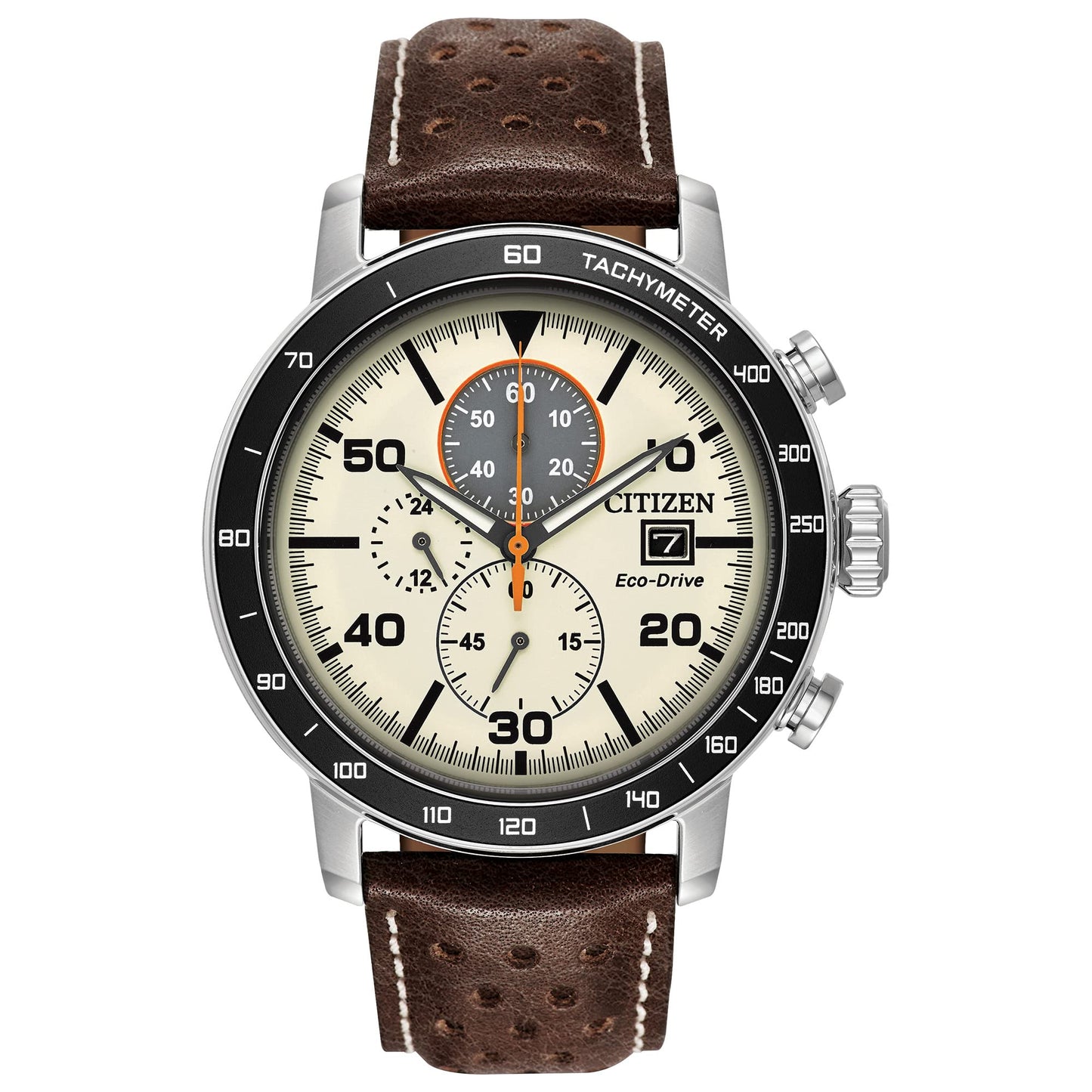 Citizen Men's Eco-Drive Weekender Brycen Chronograph Watch in Stainless Steel, Brown Leather strap, Ivory Dial (Model: CA0649-06X)