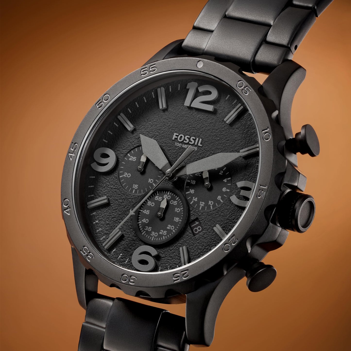 Fossil Men's Nate Quartz Stainless Steel and Leather Chronograph Watch, Black & Dark Brown Leather Watch (Model: JR1487)