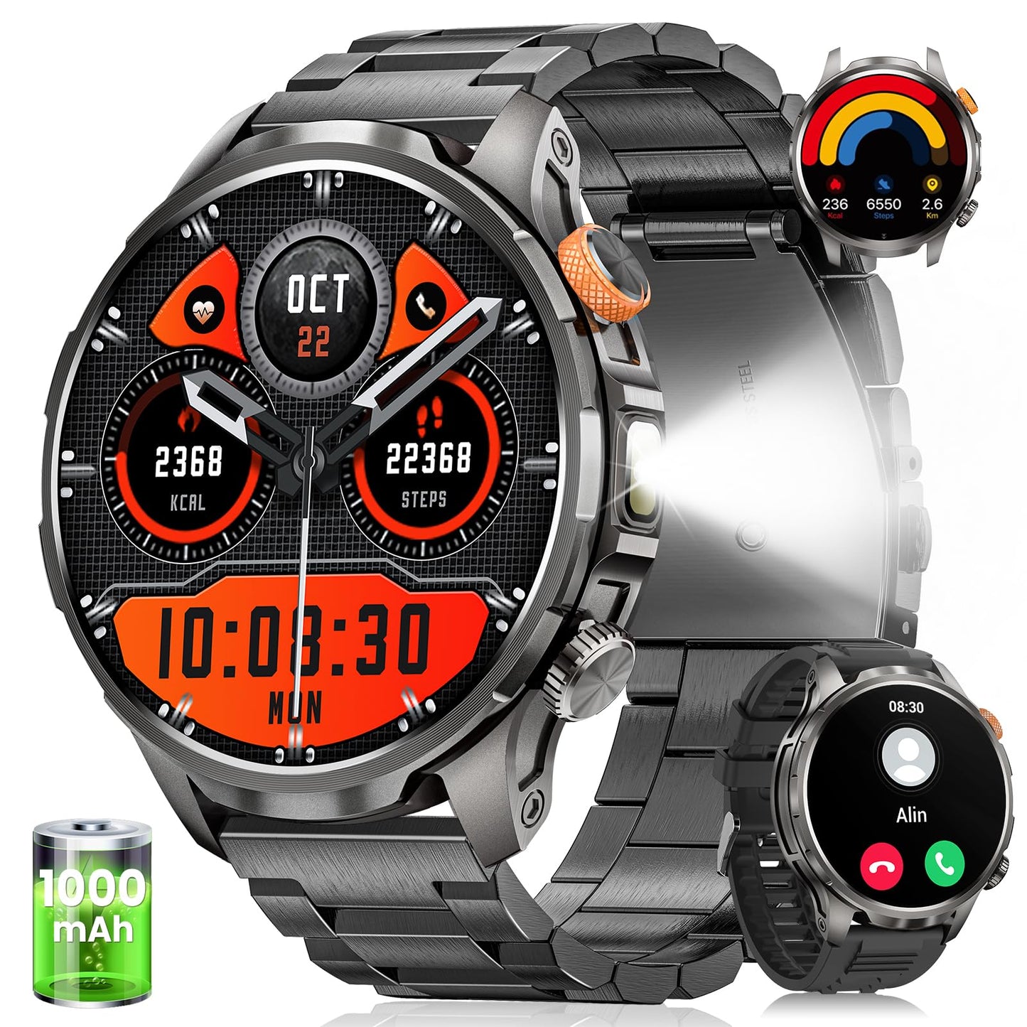 Smart Watches for Men, Military Smart Watch with 100 Days Battery/Flashlight/Heart Rate/Sleep/SpO2 Monitor/Call/110+ Sports Mode, 5 ATM Rugged Men's Fitness Tracker Watch for Android iPhone Compatible