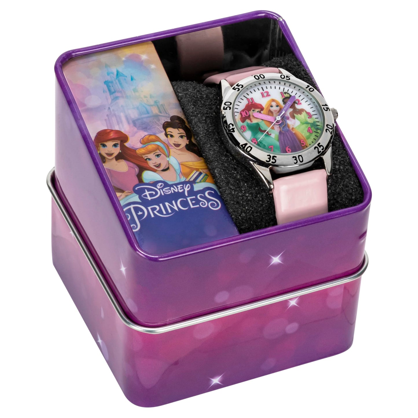 Disney Princess Time Teacher Kids Watch - Easy Read Analog Watch with Minute Track, Princess Characters on Silver Sunray Dial, Colorful Printed Strap, Perfect for Learning to Tell Time, Ages 3+