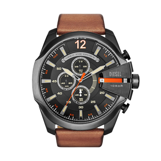 Diesel Mega Chief Stainless Steel and Leather Chronograph Men's Watch, Color: Gunmetal, Brown (Model: DZ4343)