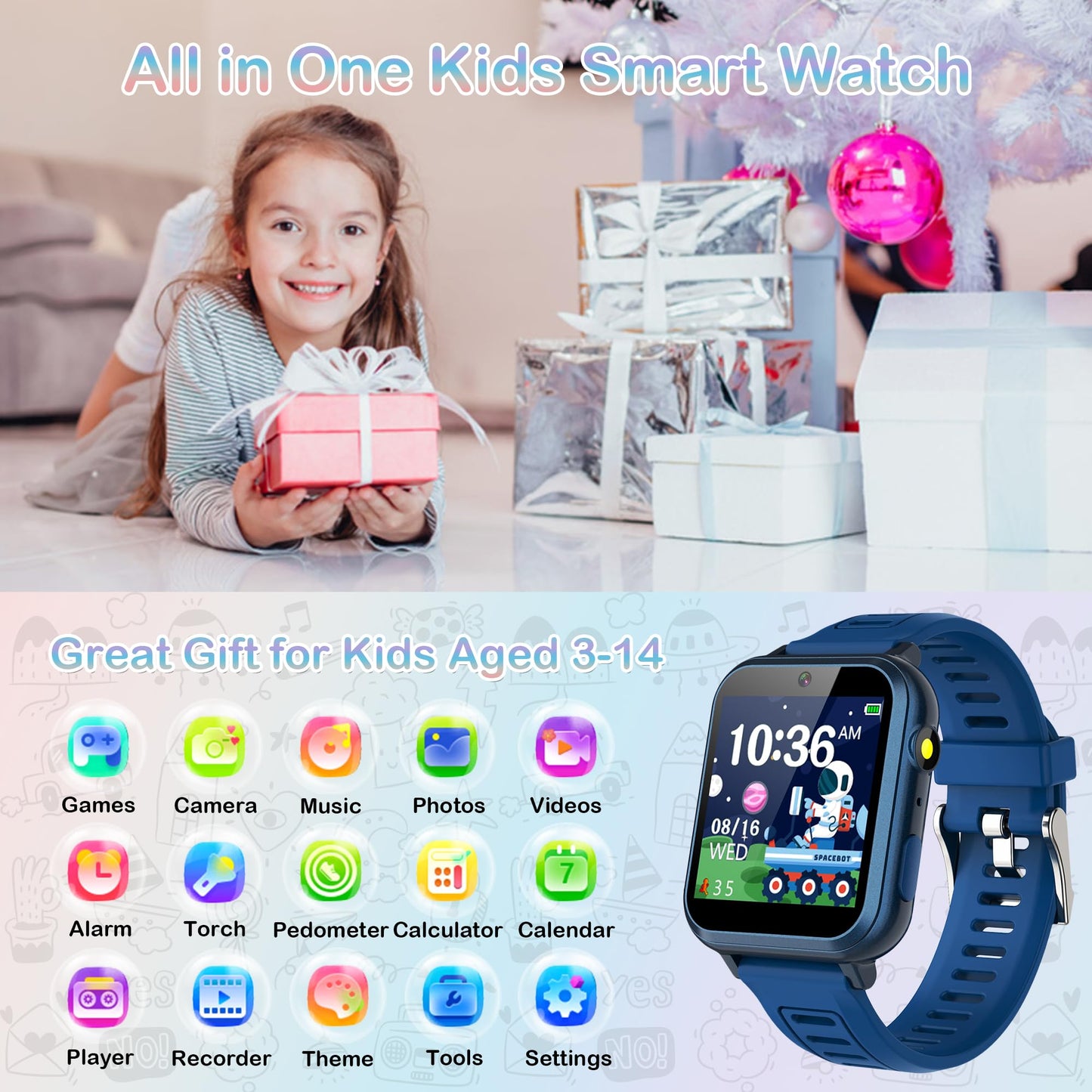 Smart Watch for Kids Age 3-12, Kids Smart Watch Boys with 24 Games HD Touch Screen Pedometer Camera Music Player Alarm Clock Flashlight 12/24 hr Toys for 6 7 8 9 10 Year Old Boy Birthday Gift
