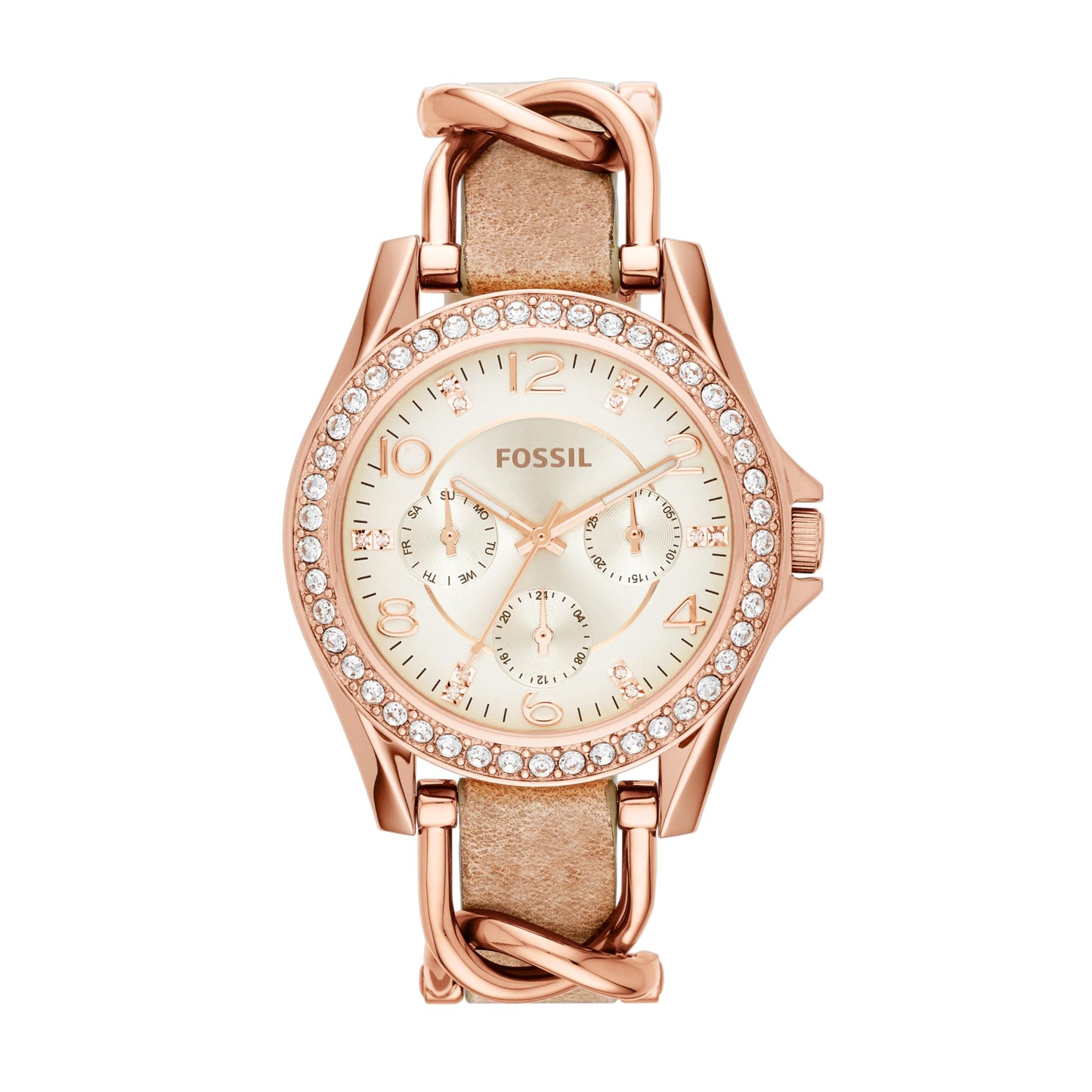 Fossil Women's Riley Quartz Stainless Steel and Leather Multifunction Watch, Color: Rose Gold, Sand (Model: ES3466)
