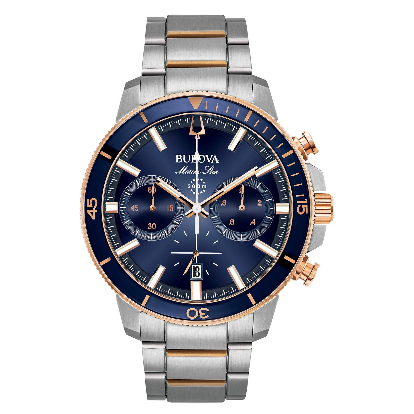 Bulova Men's Marine Star Series C Two-Tone Rose Gold Stainless Steel 6-Hand Chronograph Quartz Watch, Blue Dial Style: 98B301