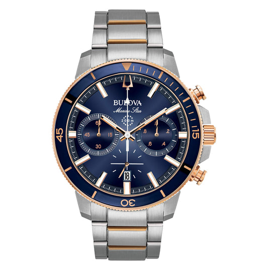 Bulova Men's Marine Star Series C Two-Tone Rose Gold Stainless Steel 6-Hand Chronograph Quartz Watch, Blue Dial Style: 98B301