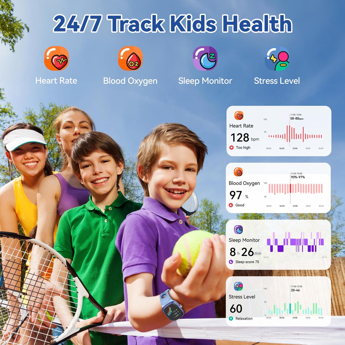 Smart Watch for Boys Girls with Sleep | Health | Activity Tracker, Games, Alarm, IP68 Waterproof Kids Fitness Watch with Pedometer, Family Account, Toys Gifts for Kids Aged 4-16 (Light/Dark Blue)