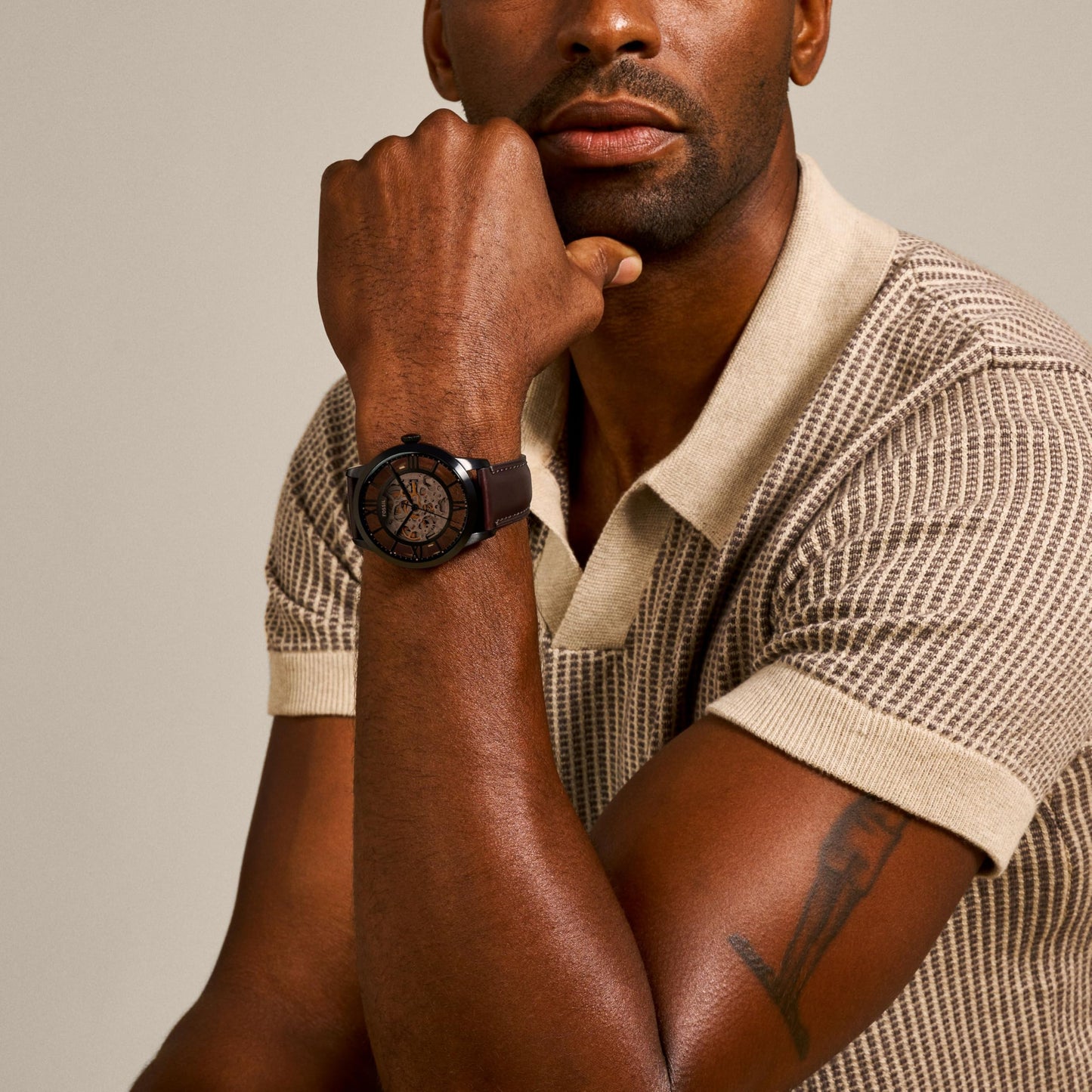 Fossil Men's Townsman 44mm Automatic Watches for Men, Skeleton Watch, Stainless Steel and Leather, Color: Black, Dark Brown (Model ME3155)