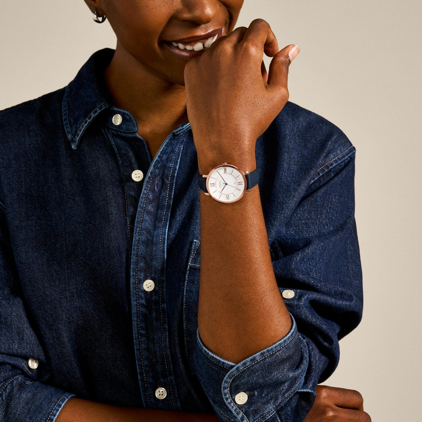 Fossil Women's Jacqueline Quartz Leather Watch, Blue Leather/Rose Gold, ES5166